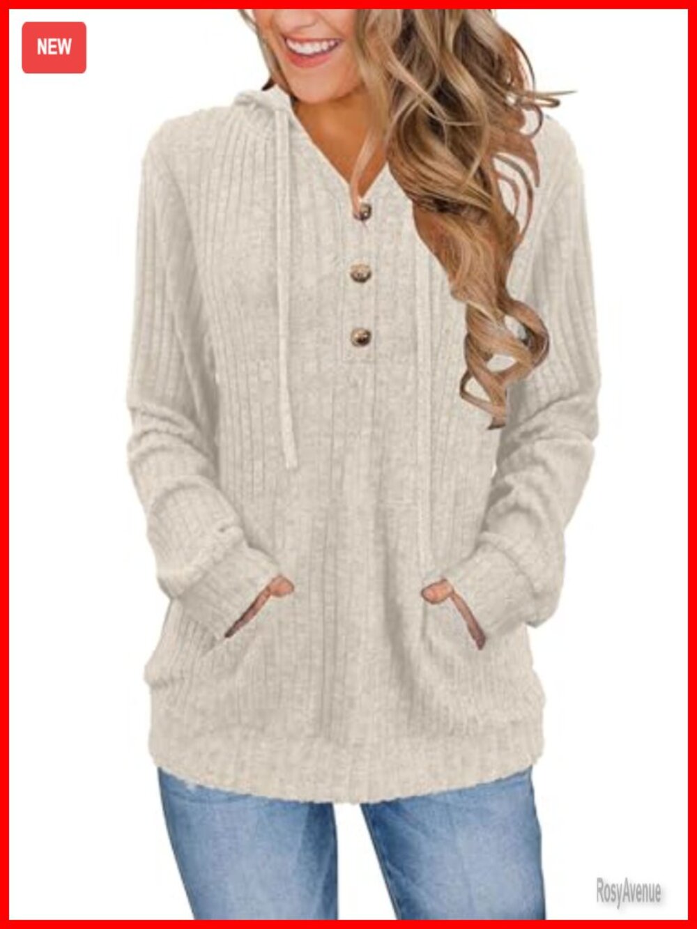Womens Ribbed Knit Hooded Henley Pullover Sweater with Kangaroo Pocket